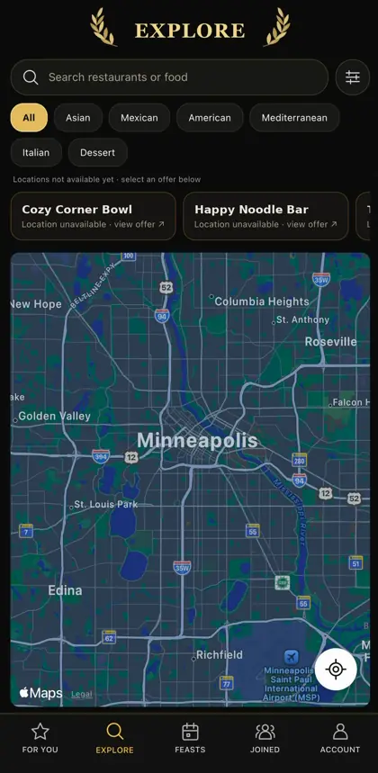 FEAST Explore screen with restaurant map