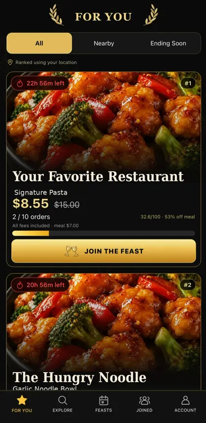 FEAST app showing a list of discounted restaurant meals with countdown timers and Join the Feast buttons