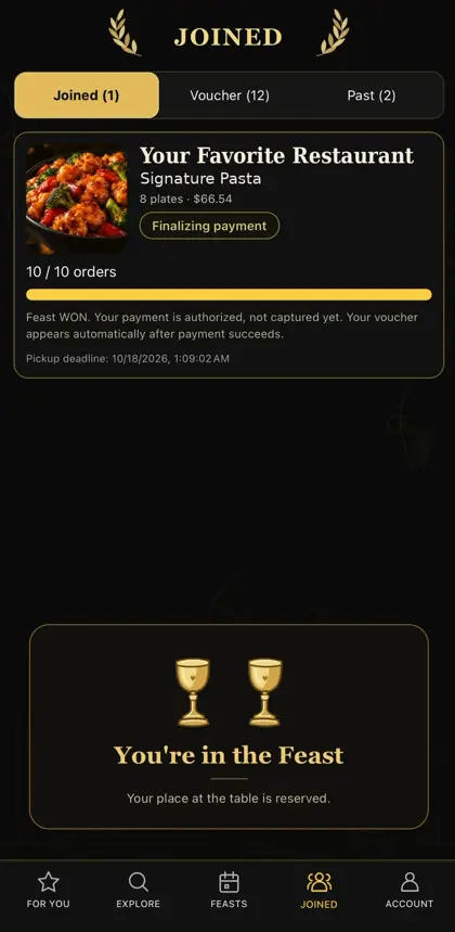 FEAST confirmation screen reading You’re in the Feast
